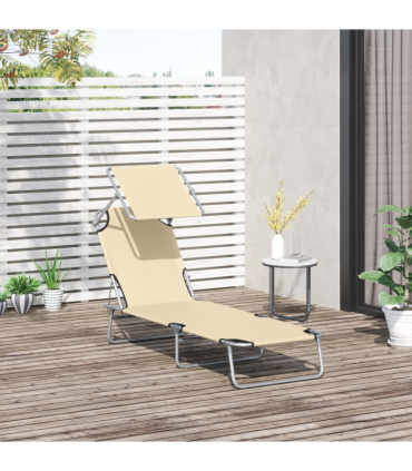 Outsunny Folding Chair Sun Lounger w/ Sunshade Garden Recliner Hammock Beige