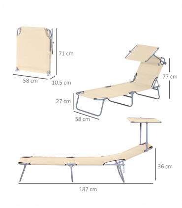 Outsunny Folding Chair Sun Lounger w/ Sunshade Garden Recliner Hammock Beige