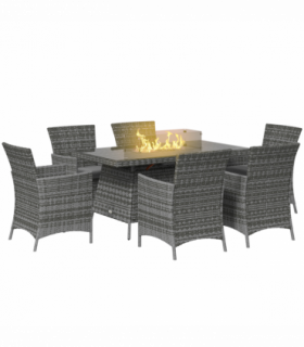 Outsunny PE Rattan Dining Set with Fire Pit Table and Cushioned Armchairs, Grey