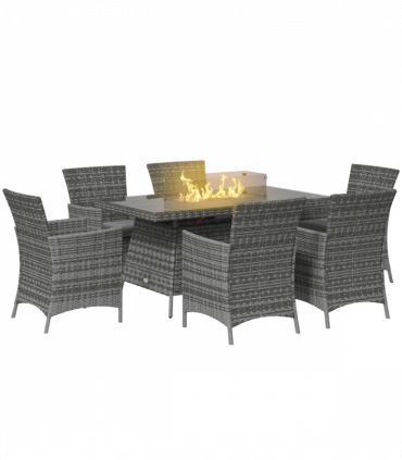 Outsunny PE Rattan Dining Set with Fire Pit Table and Cushioned Armchairs, Grey