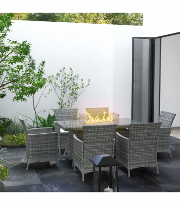 Outsunny PE Rattan Dining Set with Fire Pit Table and Cushioned Armchairs, Grey