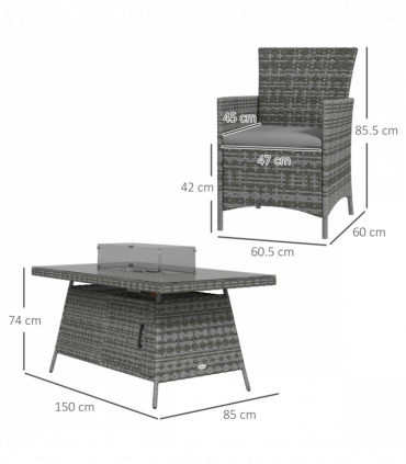 Outsunny PE Rattan Dining Set with Fire Pit Table and Cushioned Armchairs, Grey