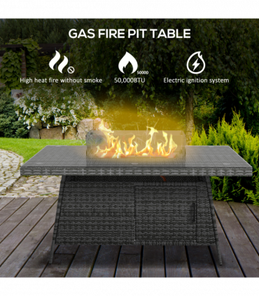 Outsunny PE Rattan Dining Set with Fire Pit Table and Cushioned Armchairs, Grey