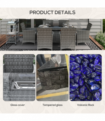 Outsunny PE Rattan Dining Set with Fire Pit Table and Cushioned Armchairs, Grey