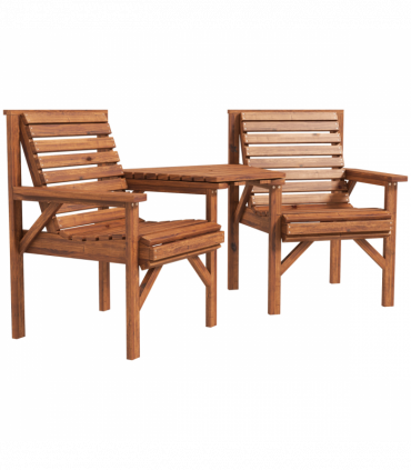 Outsunny Wooden Garden Love Seat with Coffee Table Partner Bench Tan Brown