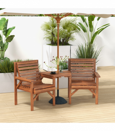 Outsunny Wooden Garden Love Seat with Coffee Table Partner Bench Tan Brown