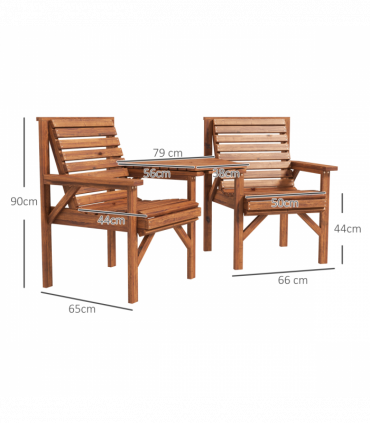 Outsunny Wooden Garden Love Seat with Coffee Table Partner Bench Tan Brown