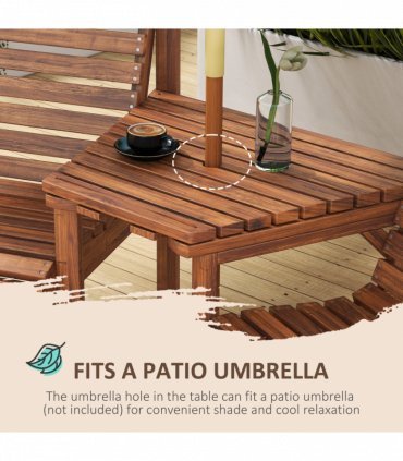 Outsunny Wooden Garden Love Seat with Coffee Table Partner Bench Tan Brown