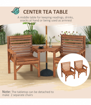 Outsunny Wooden Garden Love Seat with Coffee Table Partner Bench Tan Brown