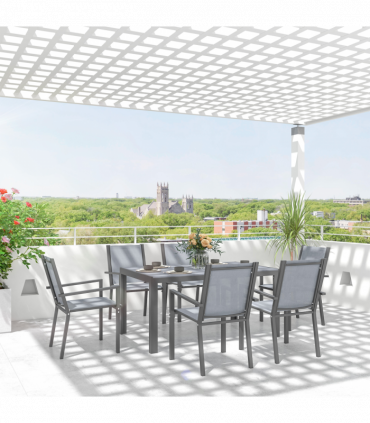 Outsunny 7 PCs Garden Dining Set, Wood-plastic Composite Table & 6 Chairs, Grey