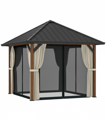 Outsunny 3 x 3(m) Metal Hardtop Gazebo with Netting and Curtains, Walnut