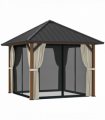 Outsunny 3 x 3(m) Metal Hardtop Gazebo with Netting and Curtains, Walnut