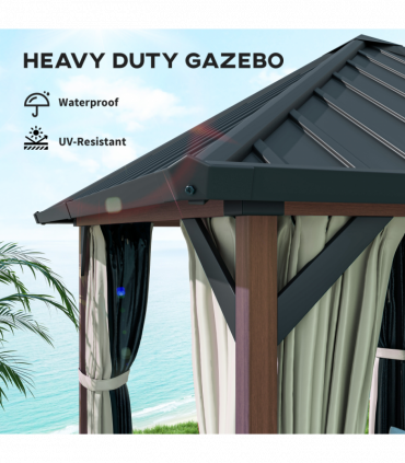 Outsunny 3 x 3(m) Metal Hardtop Gazebo with Netting and Curtains, Walnut