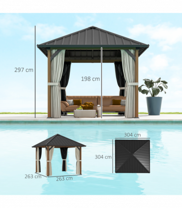 Outsunny 3 x 3(m) Metal Hardtop Gazebo with Netting and Curtains, Walnut