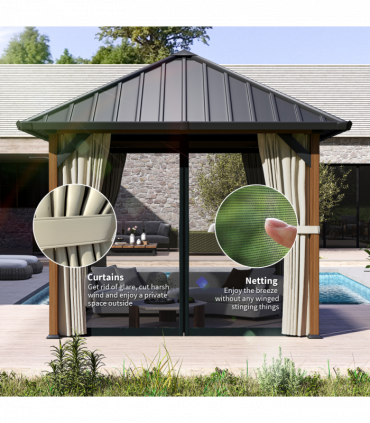 Outsunny 3 x 3(m) Metal Hardtop Gazebo with Netting and Curtains, Walnut