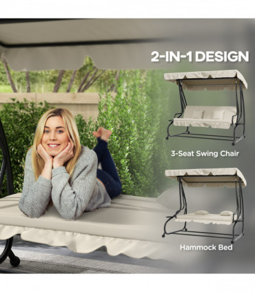 Outsunny 2-in-1 Garden Swing Chair for 3 Person w/ Adjustable Canopy, Cream