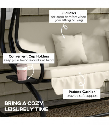 Outsunny 2-in-1 Garden Swing Chair for 3 Person w/ Adjustable Canopy, Cream