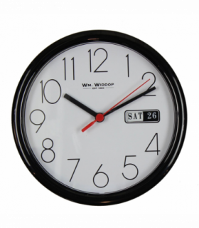 Wm.Widdop Day/Date Wall Clk-Black Case White Dial 8.5"Rnd