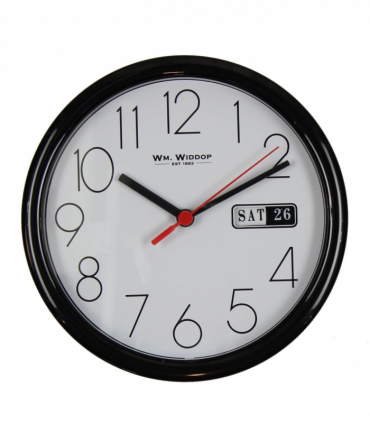 Wm.Widdop Day/Date Wall Clk-Black Case White Dial 8.5"Rnd