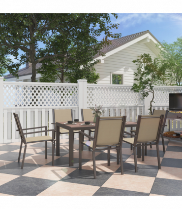 Outsunny 7 PCs Garden Dining Set, Wood-plastic Composite Table & 6 Chairs, Khaki