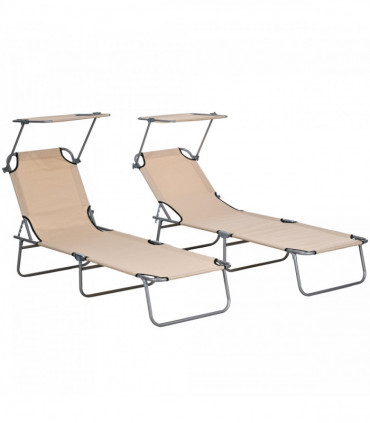 Outsunny Folding Sun Lounger Set of 2 with Sunshade Adjustable Backrest Brown