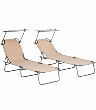 Outsunny Folding Sun Lounger Set of 2 with Sunshade Adjustable Backrest Brown
