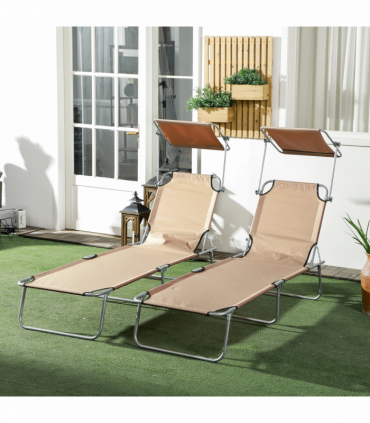 Outsunny Folding Sun Lounger Set of 2 with Sunshade Adjustable Backrest Brown