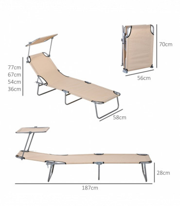 Outsunny Folding Sun Lounger Set of 2 with Sunshade Adjustable Backrest Brown