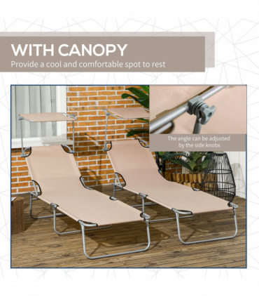 Outsunny Folding Sun Lounger Set of 2 with Sunshade Adjustable Backrest Brown