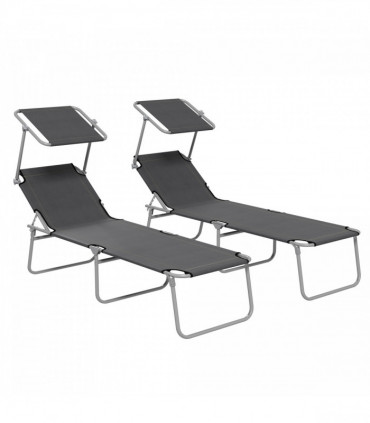 Outsunny Folding Sun Lounger Set of 2 with Sunshade Adjustable Backrest Grey