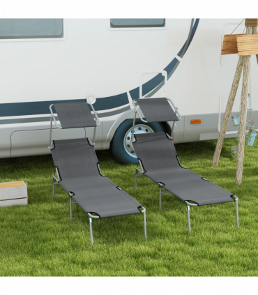 Outsunny Folding Sun Lounger Set of 2 with Sunshade Adjustable Backrest Grey