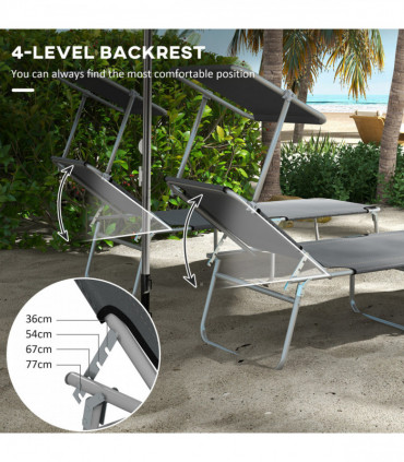 Outsunny Folding Sun Lounger Set of 2 with Sunshade Adjustable Backrest Grey