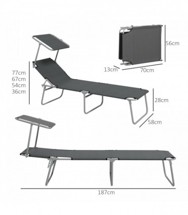 Outsunny Folding Sun Lounger Set of 2 with Sunshade Adjustable Backrest Grey