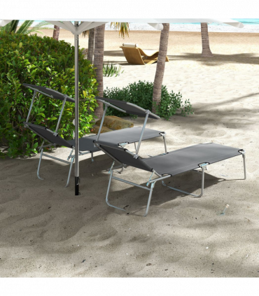 Outsunny Folding Sun Lounger Set of 2 with Sunshade Adjustable Backrest Grey