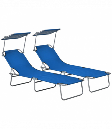 Outsunny Folding Sun Lounger Set of 2 with Sunshade Adjustable Backrest Blue