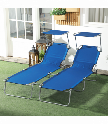 Outsunny Folding Sun Lounger Set of 2 with Sunshade Adjustable Backrest Blue