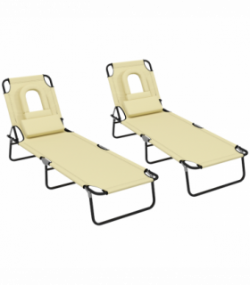 Outsunny Folding Sun Lounger Set of 2 Reclining Chair with Reading Hole Beige