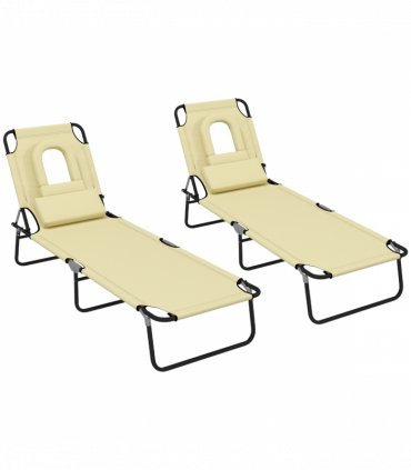 Outsunny Folding Sun Lounger Set of 2 Reclining Chair with Reading Hole Beige
