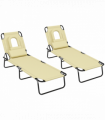 Outsunny Folding Sun Lounger Set of 2 Reclining Chair with Reading Hole Beige