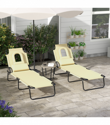 Outsunny Folding Sun Lounger Set of 2 Reclining Chair with Reading Hole Beige