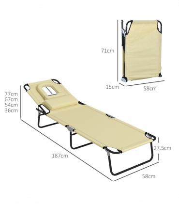 Outsunny Folding Sun Lounger Set of 2 Reclining Chair with Reading Hole Beige