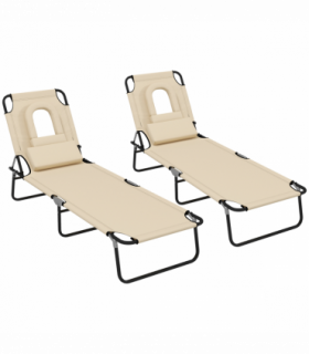 Outsunny Folding Sun Lounger Set of 2 Reclining Chair with Reading Hole Sand