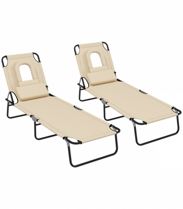 Outsunny Folding Sun Lounger Set of 2 Reclining Chair with Reading Hole Sand
