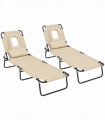 Outsunny Folding Sun Lounger Set of 2 Reclining Chair with Reading Hole Sand