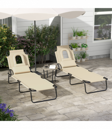 Outsunny Folding Sun Lounger Set of 2 Reclining Chair with Reading Hole Sand