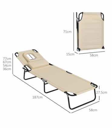 Outsunny Folding Sun Lounger Set of 2 Reclining Chair with Reading Hole Sand