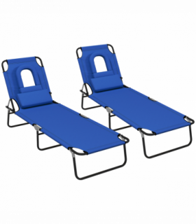 Outsunny Folding Sun Lounger Set of 2 Reclining Chair with Reading Hole Blue