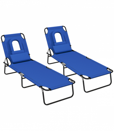 Outsunny Folding Sun Lounger Set of 2 Reclining Chair with Reading Hole Blue