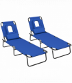Outsunny Folding Sun Lounger Set of 2 Reclining Chair with Reading Hole Blue