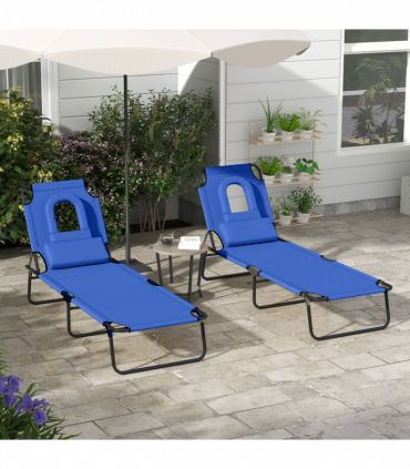 Outsunny Folding Sun Lounger Set of 2 Reclining Chair with Reading Hole Blue